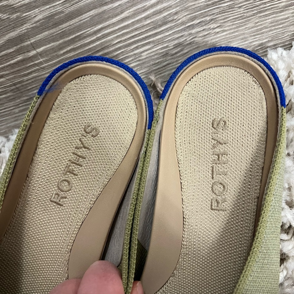 Rothy's Olive Green Pointed Slip-On Flats with Blue Heel Accent - Picture 10 of 13